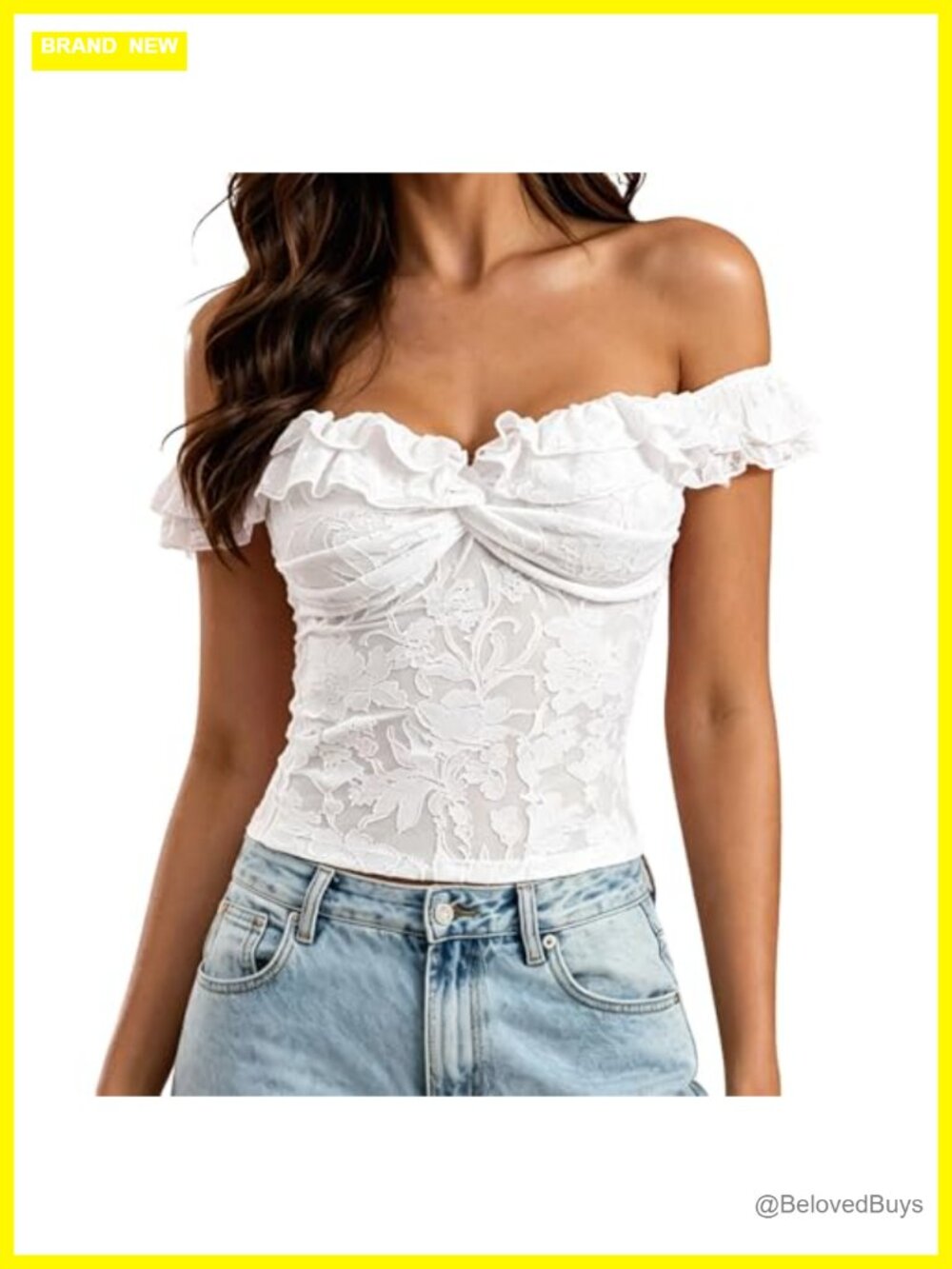 Women's Y2K Mesh Off Shoulder Lace Crop Top Ruffle Trim Twist Front Club Blouse